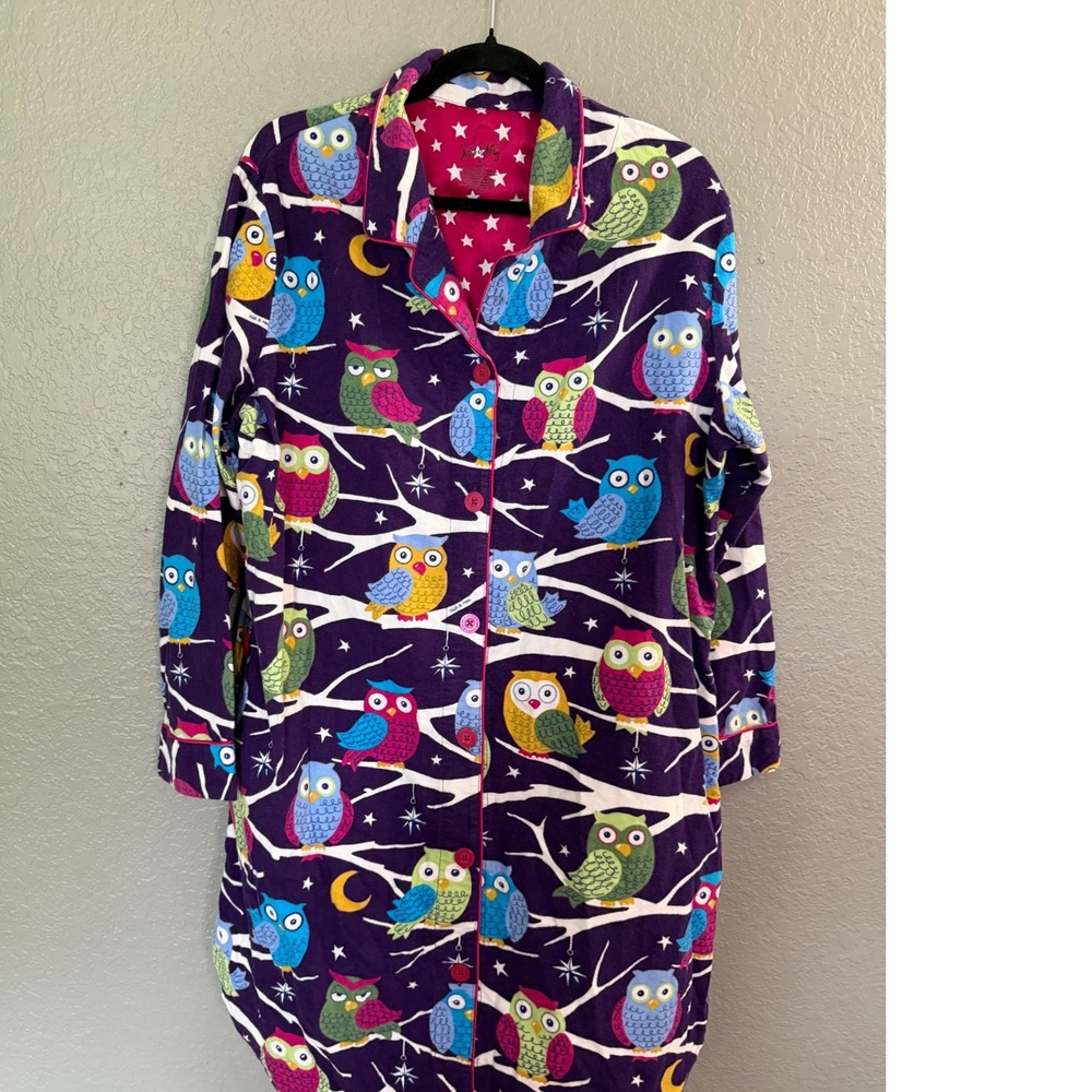 Nick & Nora Womens XL Purple Owl Flannel Nightshirt Cotton Button Front Pockets